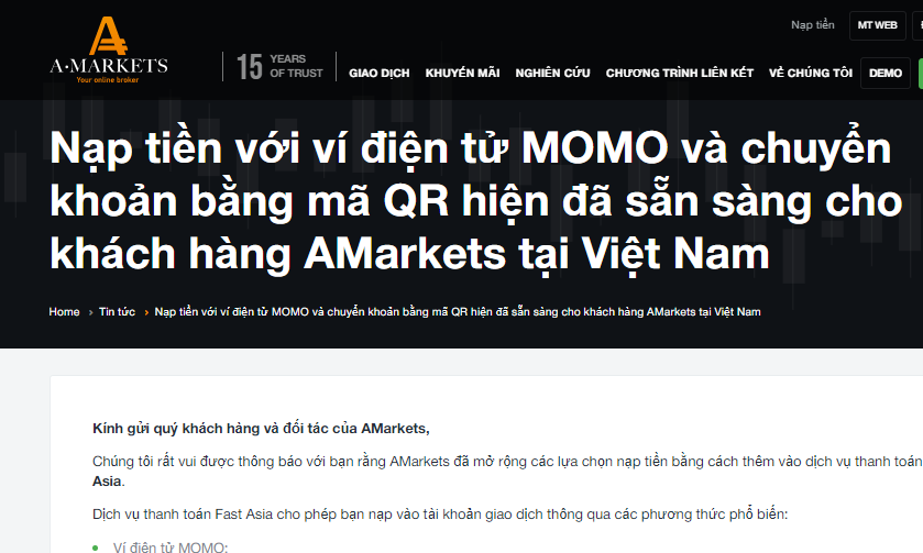 AMarkets thông báo chính thức hỗ trợ nạp tiền qua MoMo tại Việt Nam