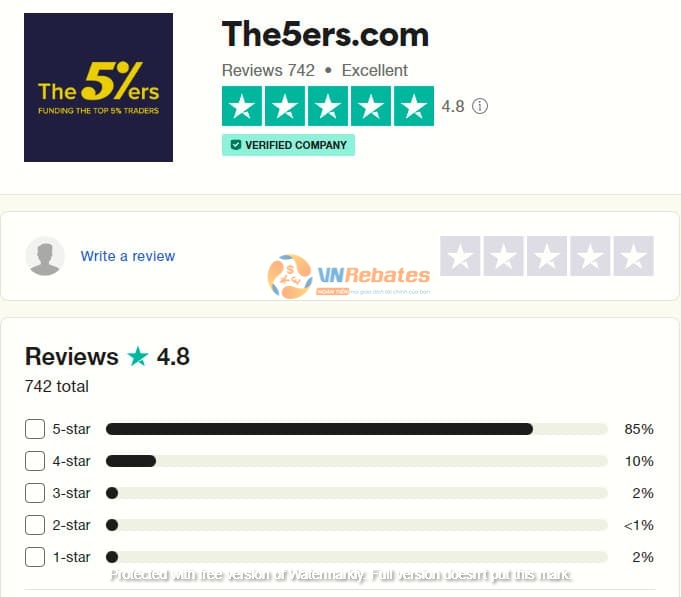 Quỹ The5ers được đánh giá tổng quan 4,8 sao trên TrustPilot từ người dùng